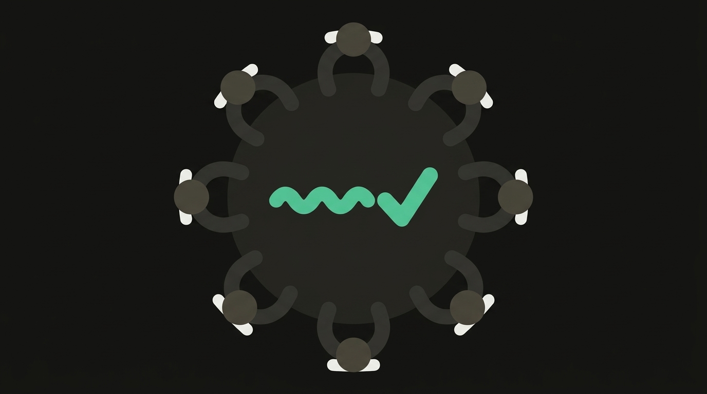 Pill-shaped figures seated around a round table, with a mint-green squiggle resolving into a check mark at its center