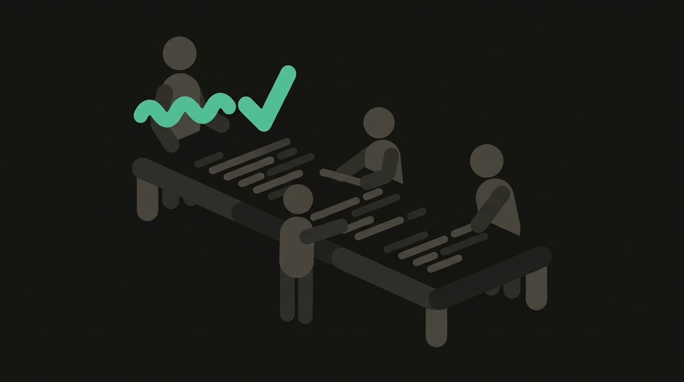 Pill-shaped figures setting a long table with lines of code, a mint-green squiggle resolving into a check mark at its head