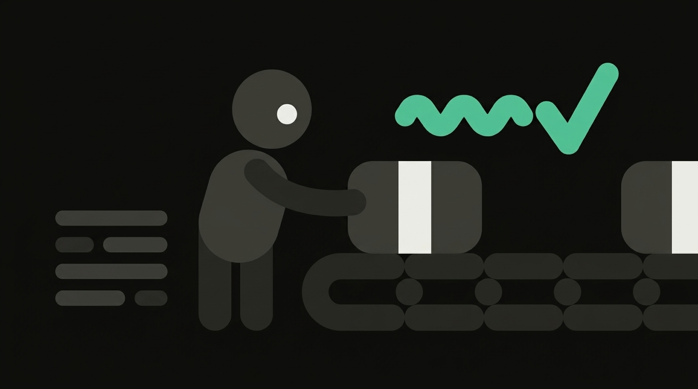 A pill-shaped figure sending packages along a conveyor, with a mint-green squiggle resolving into a check mark above