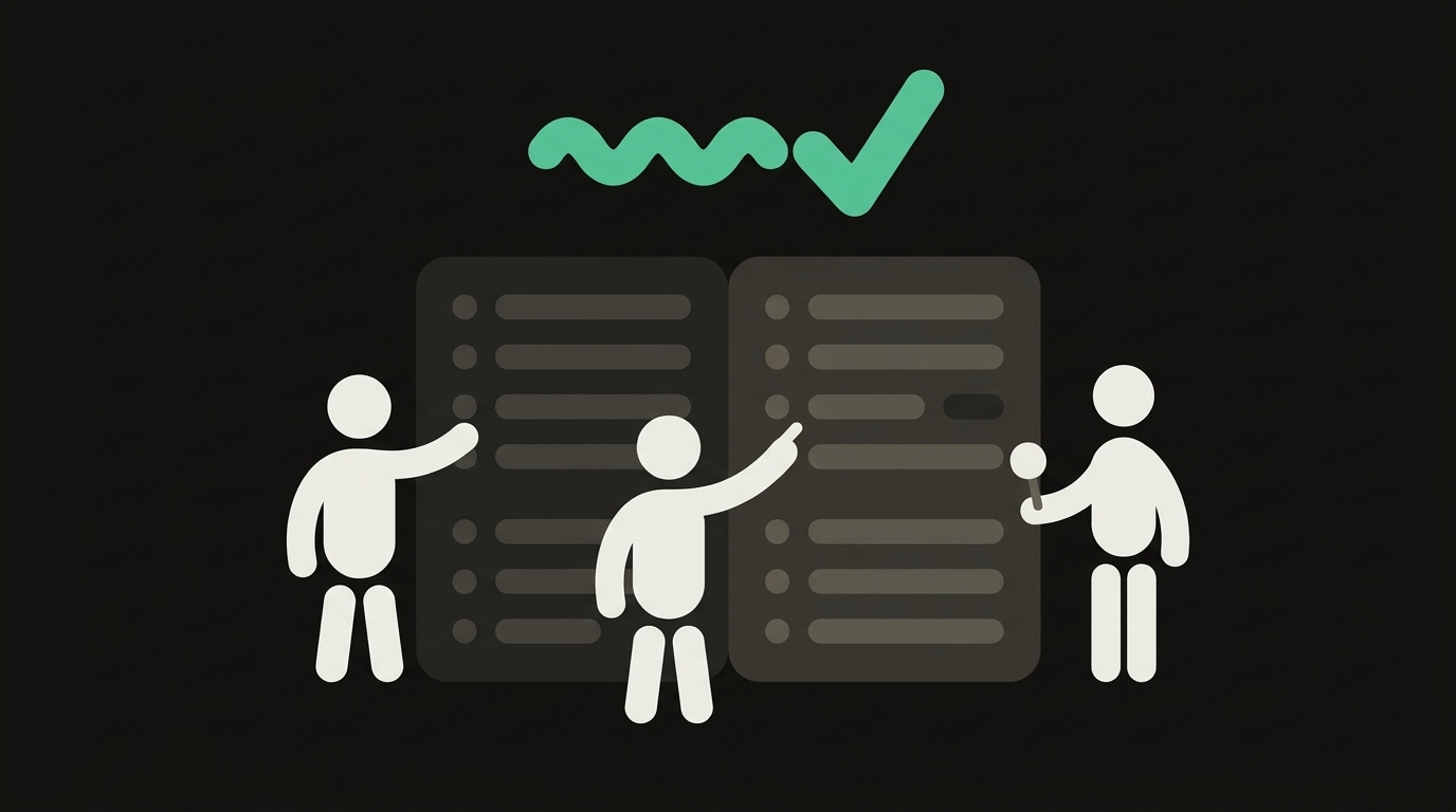 Pill-shaped figures reviewing a two-page document of rule bars, with a mint-green squiggle resolving into a check mark above