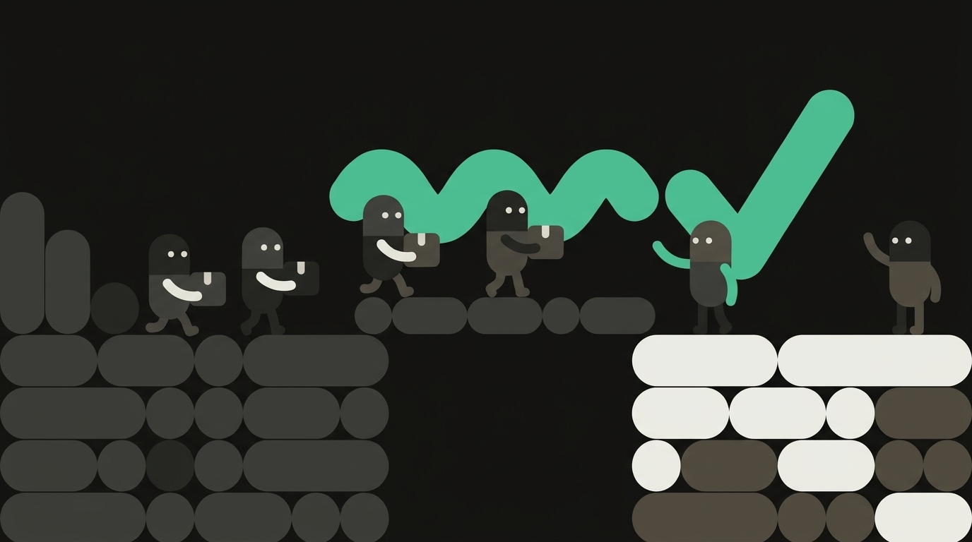Pill-shaped figures carrying boxes across a bridge from a dim platform to a bright one, where one figure waves the others on, under a mint-green squiggle resolving into a check mark