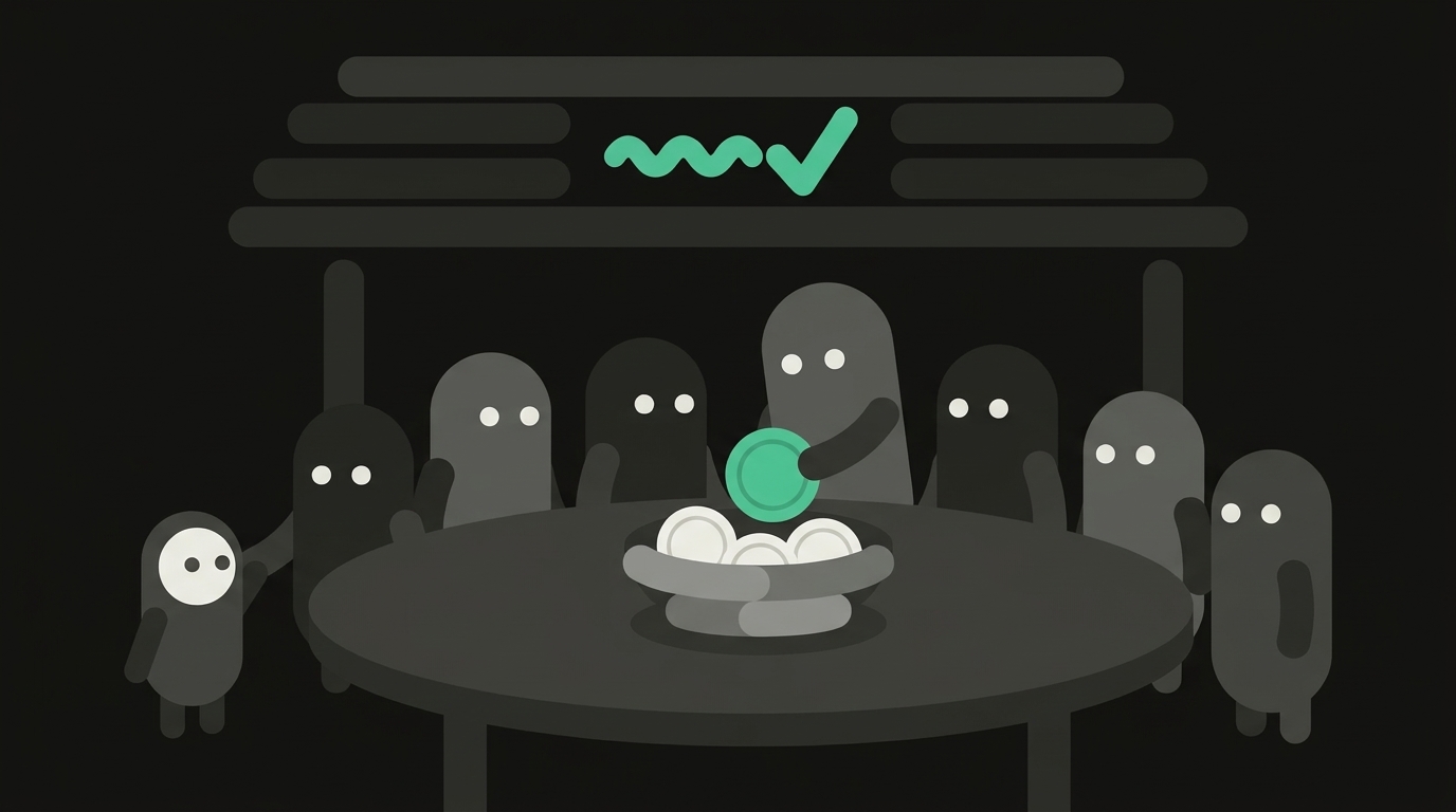 Pill-shaped figures gathered around a round table under a simple roof, one placing a mint-green coin into a shared bowl, with a mint-green squiggle resolving into a check mark on the roof
