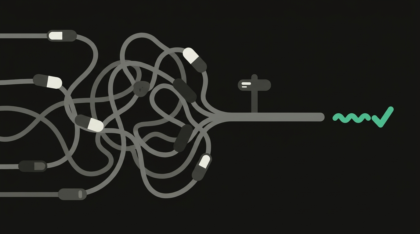 Pill-shaped figures following long, tangled lines that a small signpost gathers into one straight route, ending in a mint-green squiggle resolving into a check mark